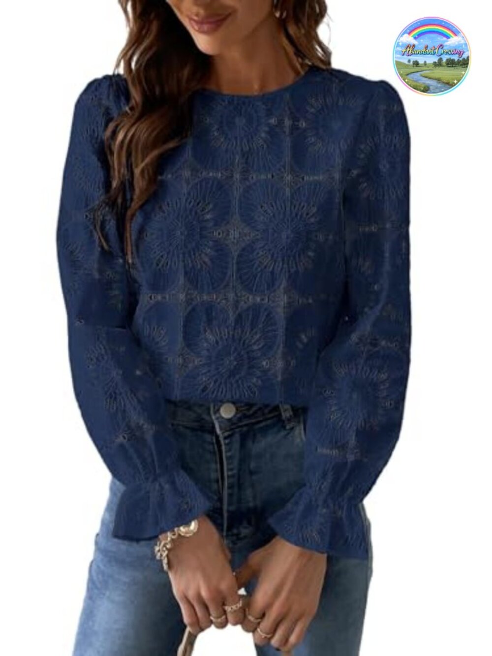 CUPSHE Cotton Nylon Eyelet Embroidered Blouse Puff Sleeve Button Back
